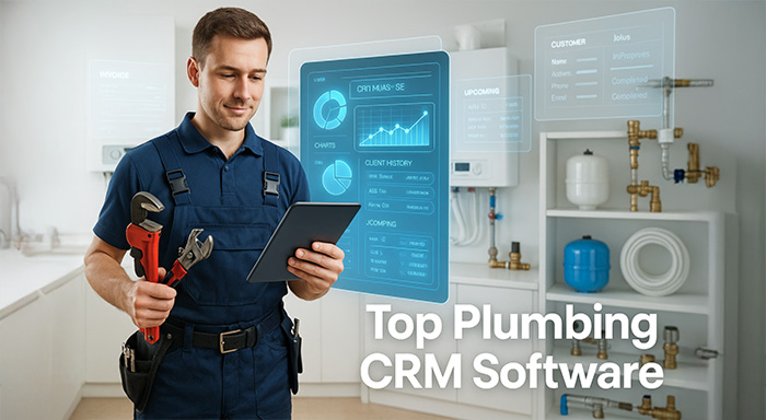 Plumber using CRM software on a tablet for scheduling and customer management